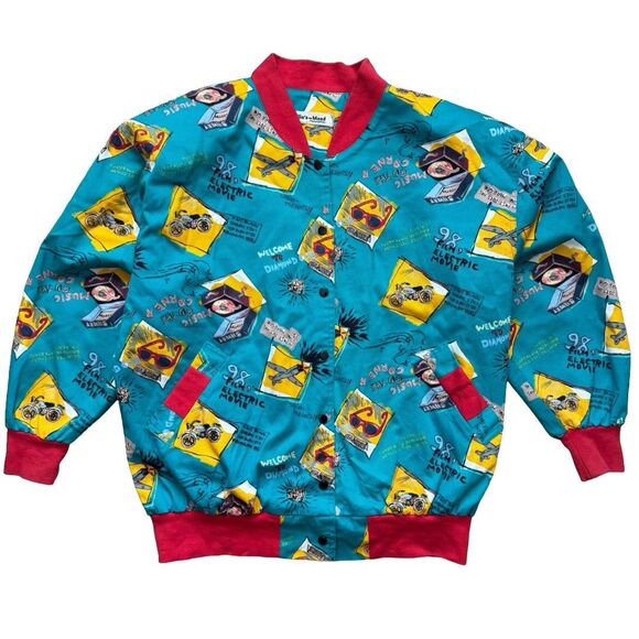 Vintage Women’s Jacket All Over Print Films Planes Clubs Size M Ellas Mood Retro - Picture 1 of 12